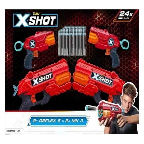 Zuru X-Shot 4 Gun Bundle -  2x Reflex 6 & 2x MK 3 with 24 Foam Darts NEW - Picture 2 of 4